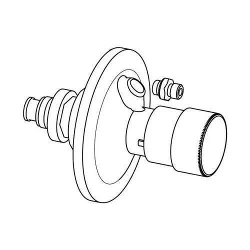 Druckregler von Uponor mit einem runden Gehäuse, mehreren Anschlüssen und einer klaren Oberfläche, geeignet für Druckanwendungen.